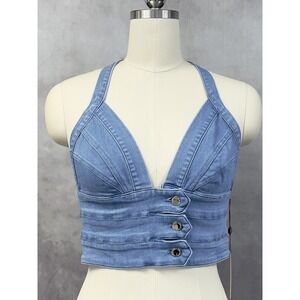 Denim Blvd Halter Top Women Large Blue Stretch Crop Y2K Indie Boho Baddie Retro